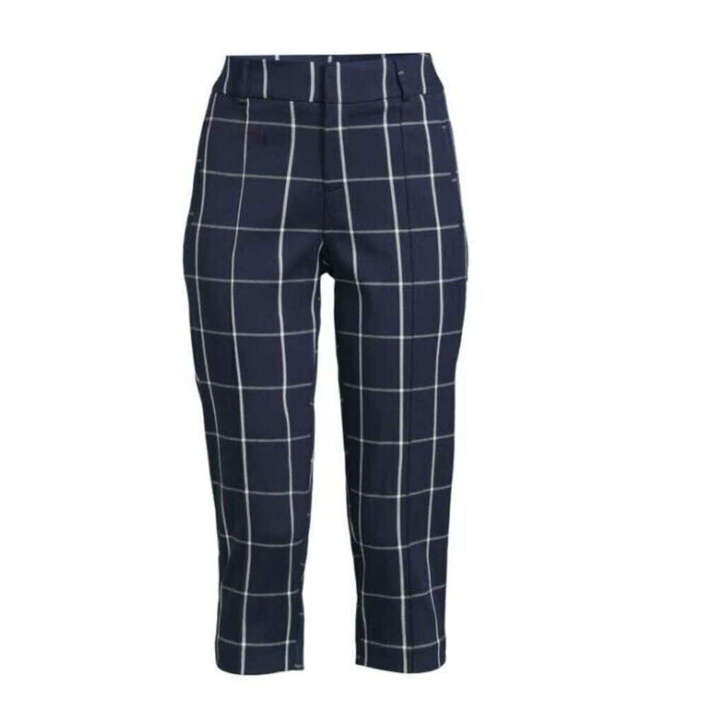 Time and Tru Women's pull on Capri Windowpane navy blue and white pants